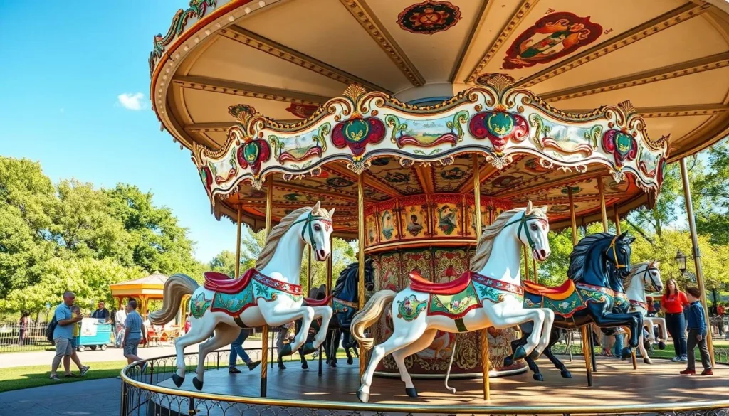 Historic carousel at Gage Park in Topeka with colorful hand-painted horses Historic carousel at Gage Park in Topeka with colorful hand-painted horses