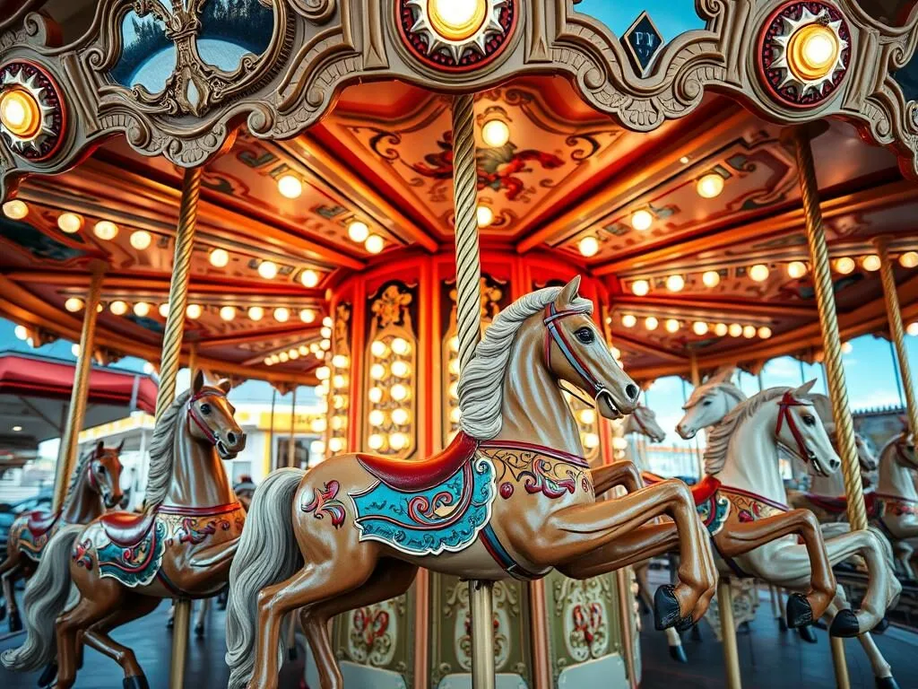 Historic carousel at Trimper's Rides with hand-carved animals and ornate decorations Historic carousel at Trimper's Rides with hand-carved animals and ornate decorations