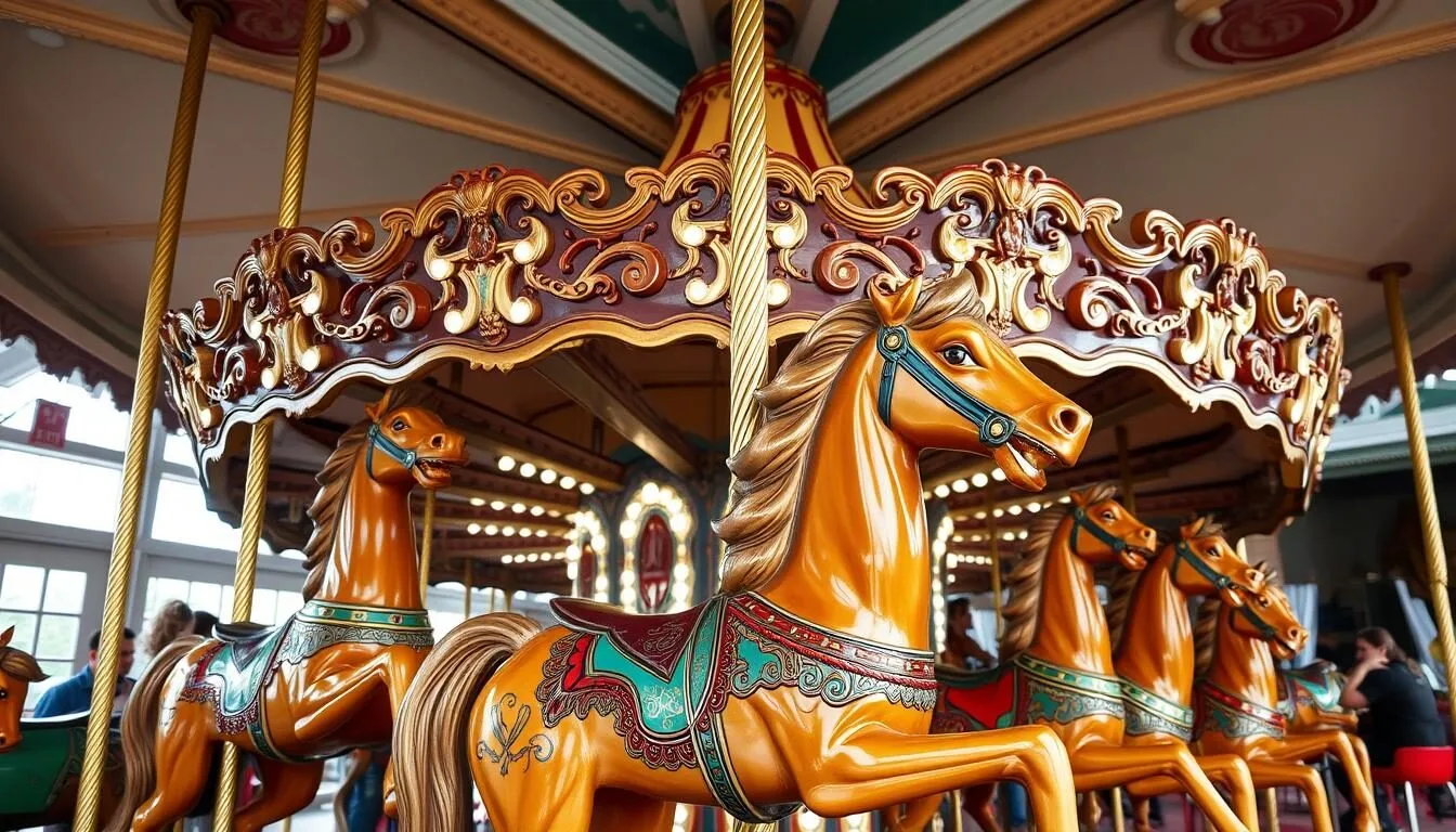 Historic carousel in Broome County, New York with ornate wooden horses and traditional design