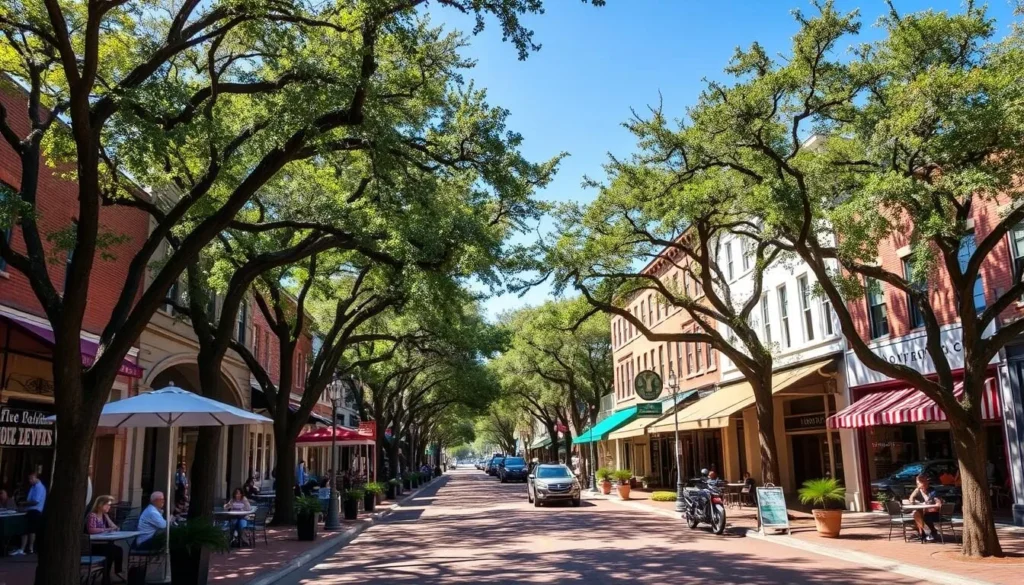 Historic downtown Aiken with its wide streets, boutique shops, and oak trees Historic downtown Aiken with its wide streets, boutique shops, and oak trees