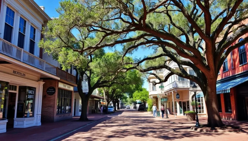 Historic downtown Apalachicola street scene with shops and Victorian architecture Historic downtown Apalachicola street scene with shops and Victorian architecture