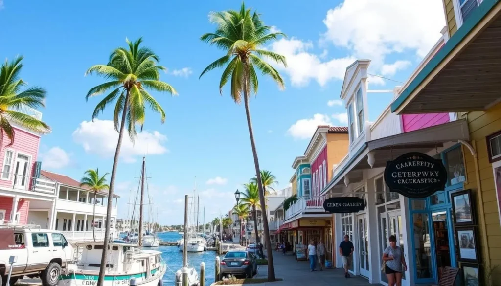 Historic downtown Cedar Key with colorful buildings, art galleries, and boats in the harbor Historic downtown Cedar Key with colorful buildings, art galleries, and boats in the harbor