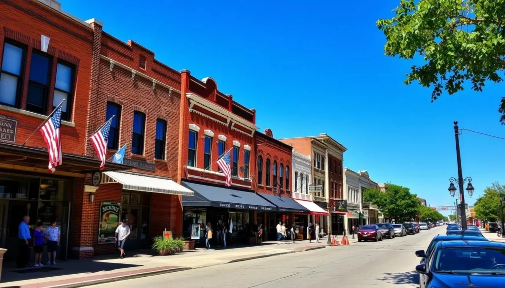 Historic downtown Denison near Lake Texoma, Oklahoma with shops and restaurants Historic downtown Denison near Lake Texoma, Oklahoma with shops and restaurants