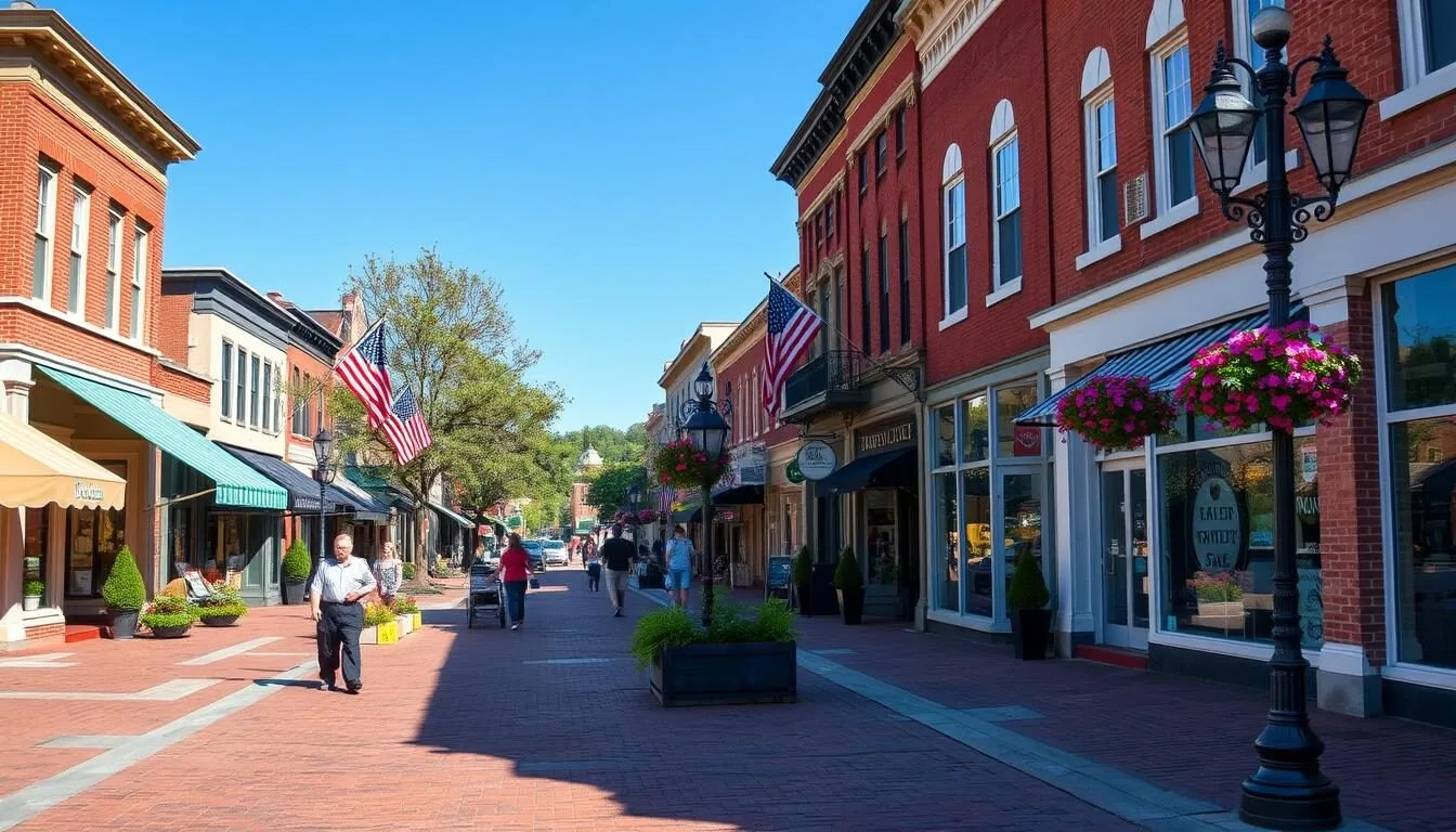 Historic downtown Franklin, Tennessee with its charming Main Street lined with colorful Victorian buildings and shops on a sunny day