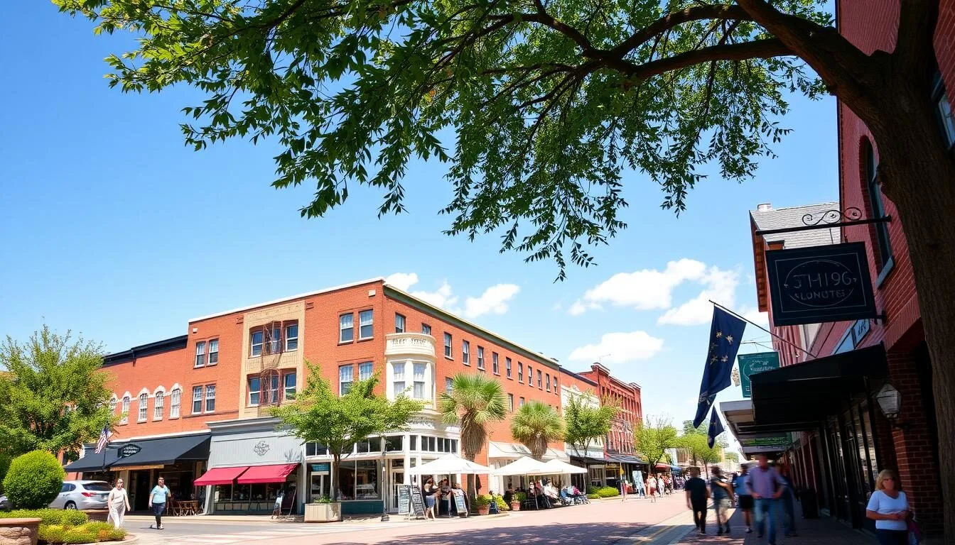 Historic downtown Manassas, Virginia with shops and restaurants along a tree-lined street