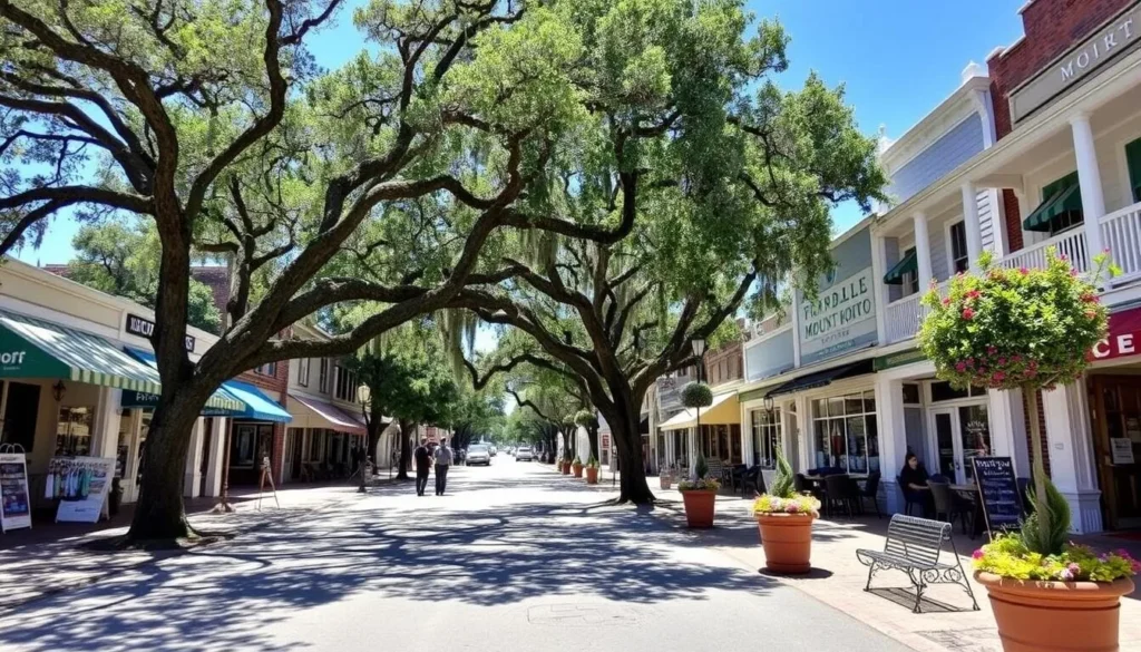 Historic downtown Mount Dora with quaint shops, cafes and oak trees along Donnelly Street Historic downtown Mount Dora with quaint shops, cafes and oak trees along Donnelly Street