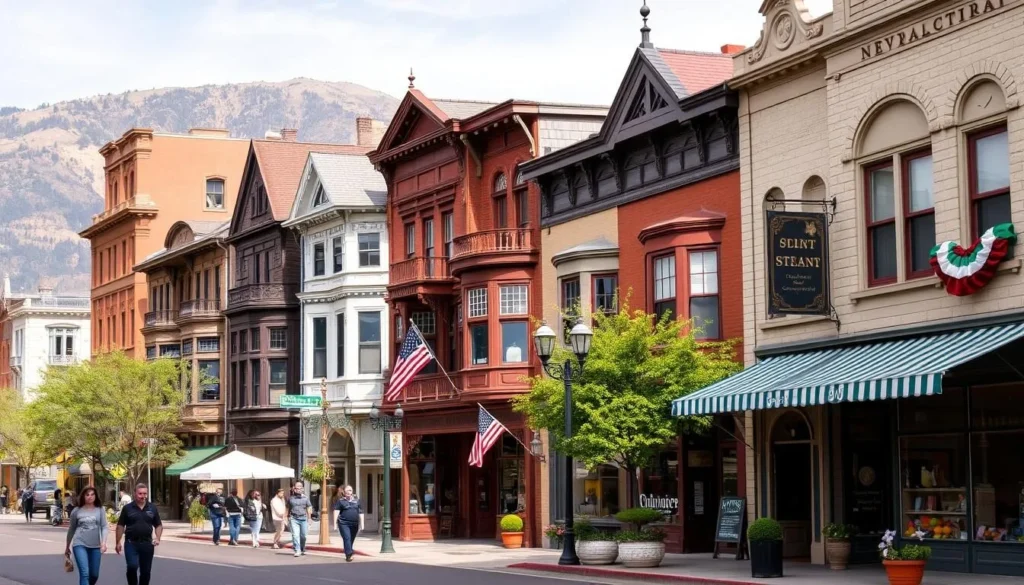 Historic downtown Nevada City with Victorian buildings and shops along Broad Street Historic downtown Nevada City with Victorian buildings and shops along Broad Street