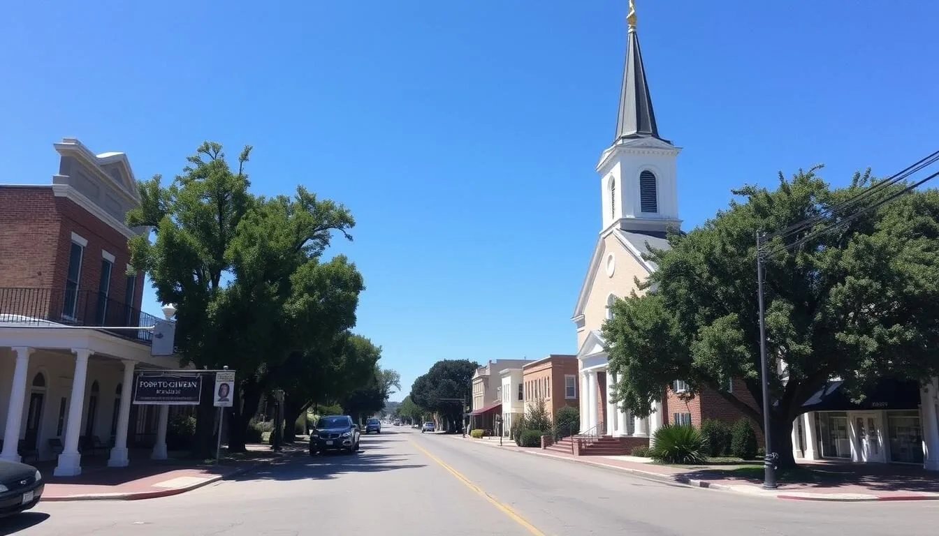 Historic downtown Port Gibson Mississippi with antebellum buildings and oak-lined streets