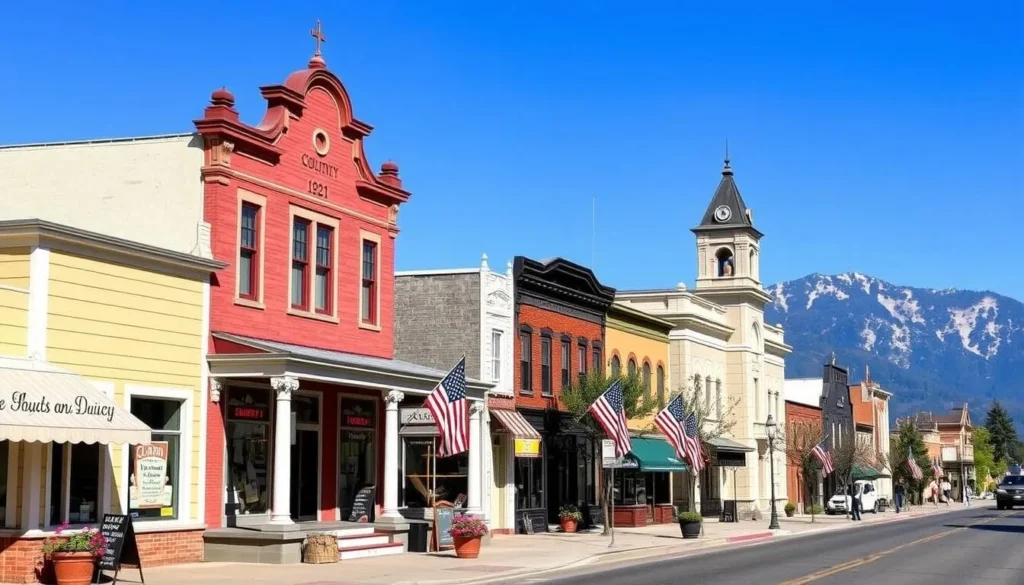 Historic downtown Quincy in Plumas County California with Victorian buildings