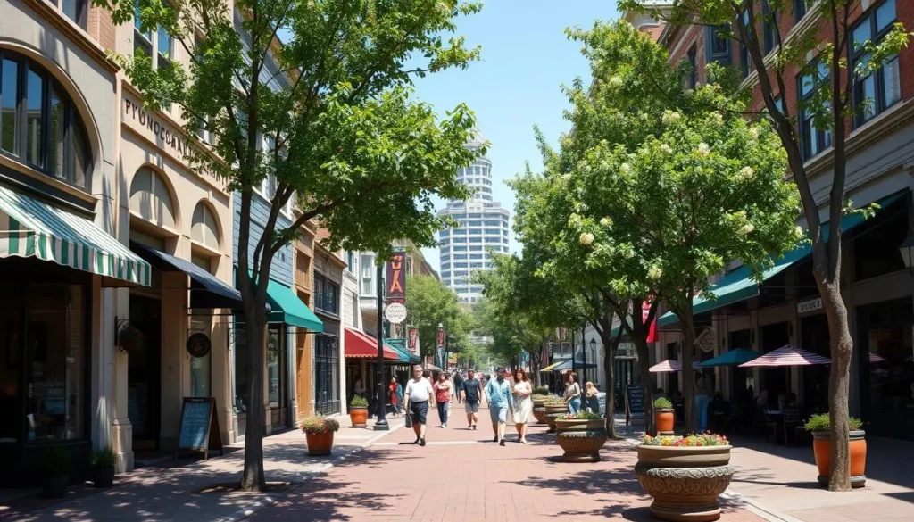 Historic downtown San Mateo with shops, restaurants and pedestrians Historic downtown San Mateo with shops, restaurants and pedestrians