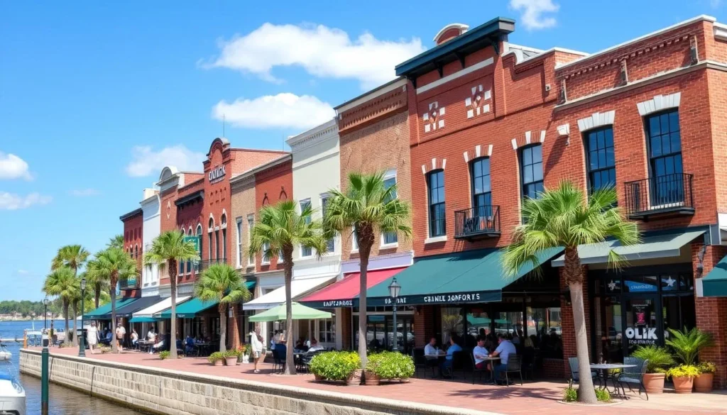 Historic downtown Sanford waterfront with charming buildings, outdoor dining, and views of Lake Monroe Historic downtown Sanford waterfront with charming buildings, outdoor dining, and views of Lake Monroe