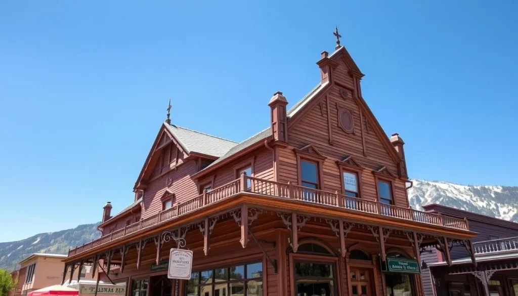 Historic gold rush era building in Downieville, Sierra County with mountain backdrop Historic gold rush era building in Downieville, Sierra County with mountain backdrop