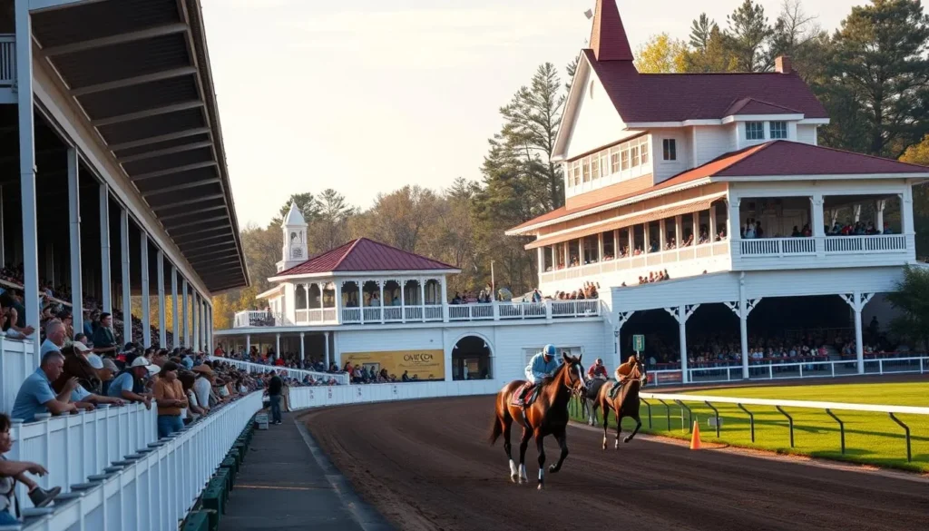 Historic grandstand at Saratoga Race Course with spectators watching morning workouts Historic grandstand at Saratoga Race Course with spectators watching morning workouts