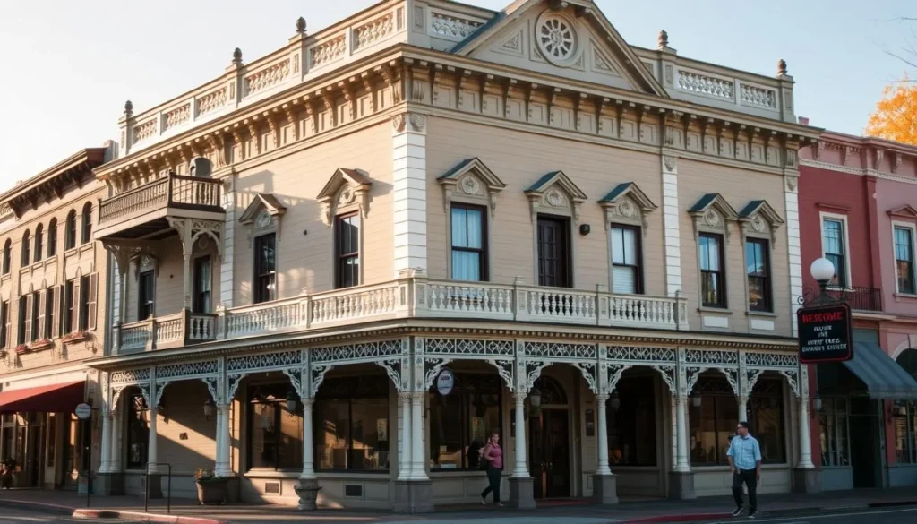 Historic hotel in Sutter Creek, Amador County with Victorian architecture and charming main street