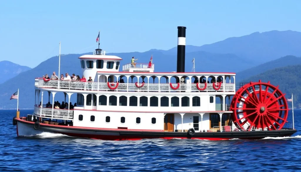 Historic paddlewheel steamboat cruising on Lake George in Warren County, NY with mountains in the background Historic paddlewheel steamboat cruising on Lake George in Warren County, NY with mountains in the background
