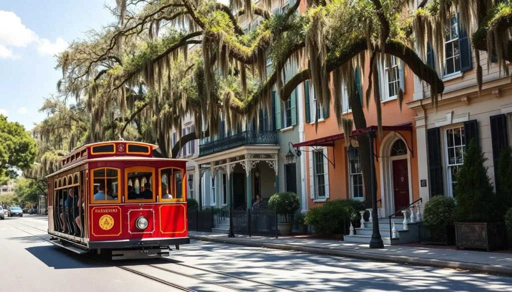 Historic trolley tour on Jones Street in Savannah Georgia with Spanish moss trees