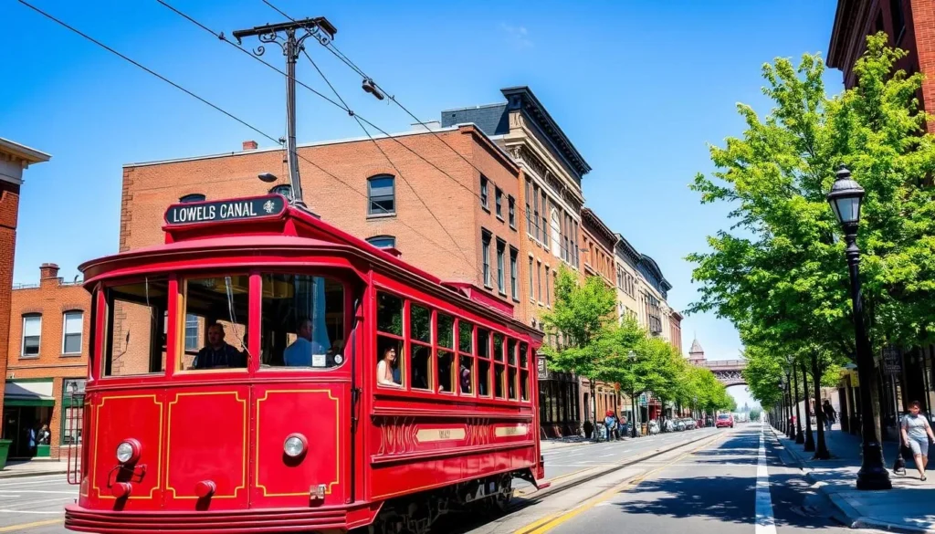 Historic trolley tour through downtown Lowell with passengers enjoying the sights Historic trolley tour through downtown Lowell with passengers enjoying the sights