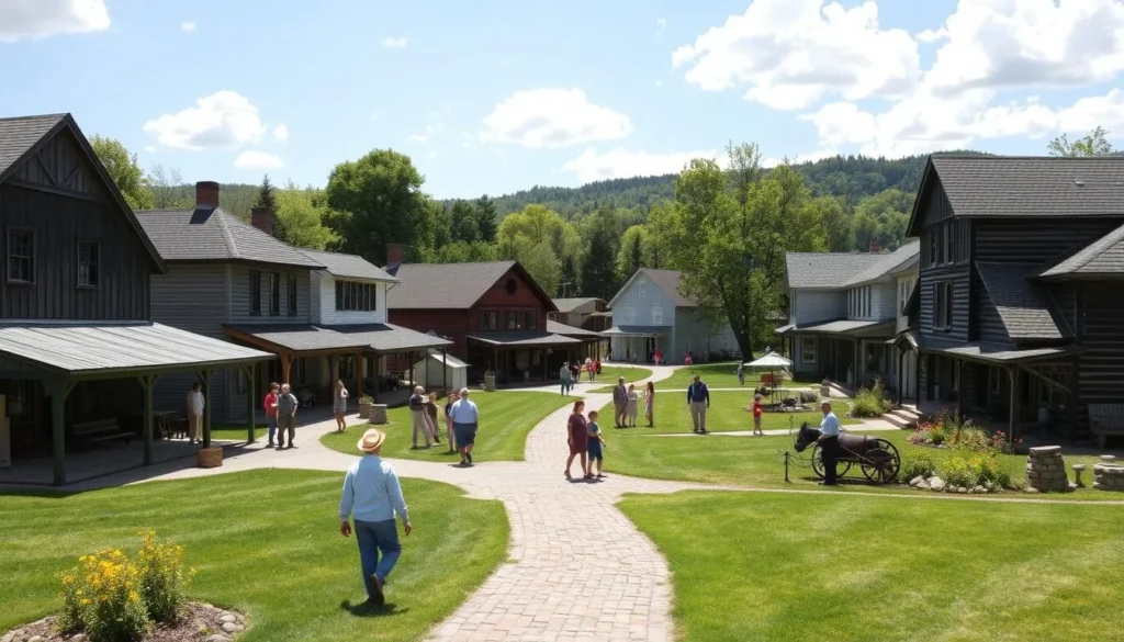Historic village buildings at The Farmers' Museum with costumed interpreters demonstrating 19th-century rural life Historic village buildings at The Farmers' Museum with costumed interpreters demonstrating 19th-century rural life