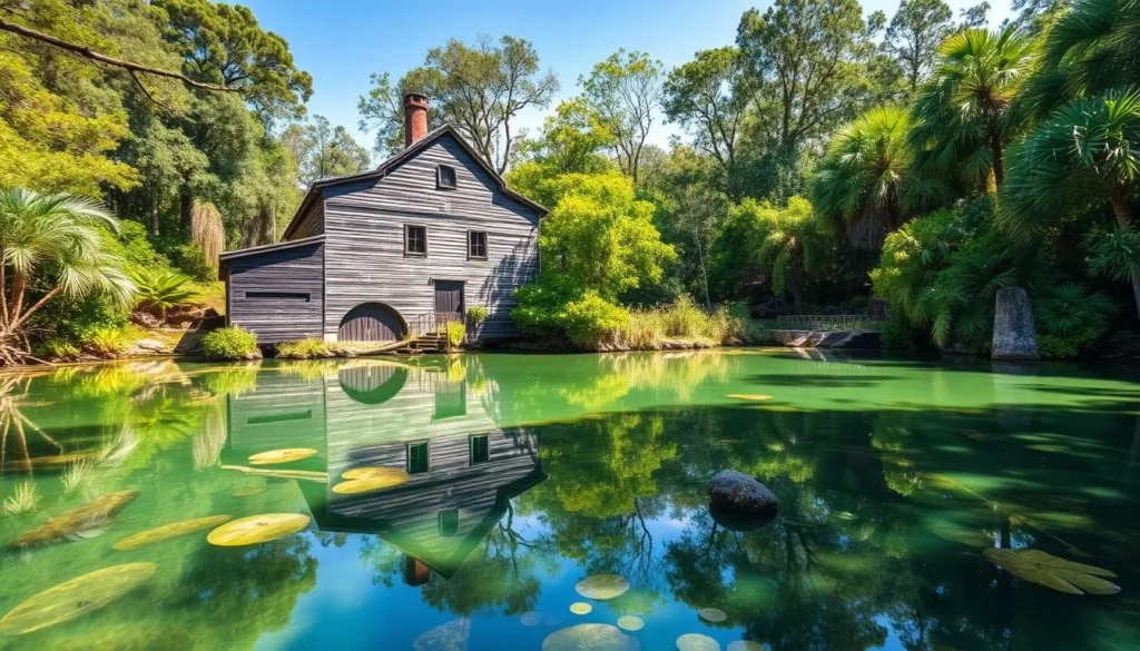 Historic water mill at DeLeon Springs State Park with lush greenery in Volusia County, Florida Historic water mill at DeLeon Springs State Park with lush greenery in Volusia County, Florida