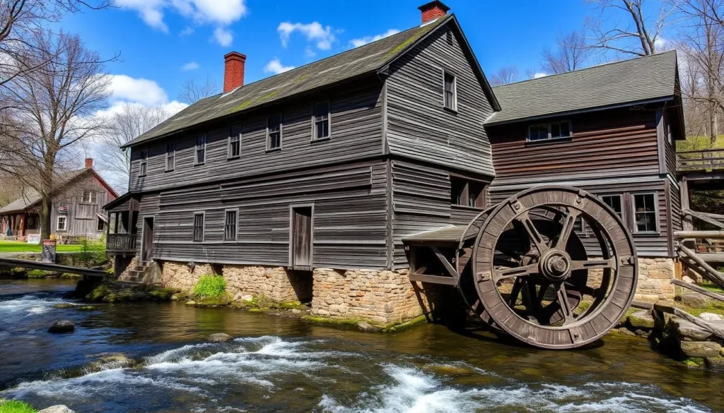 Historic water mill in Delaware County New York showing traditional architecture and water wheel Historic water mill in Delaware County New York showing traditional architecture and water wheel