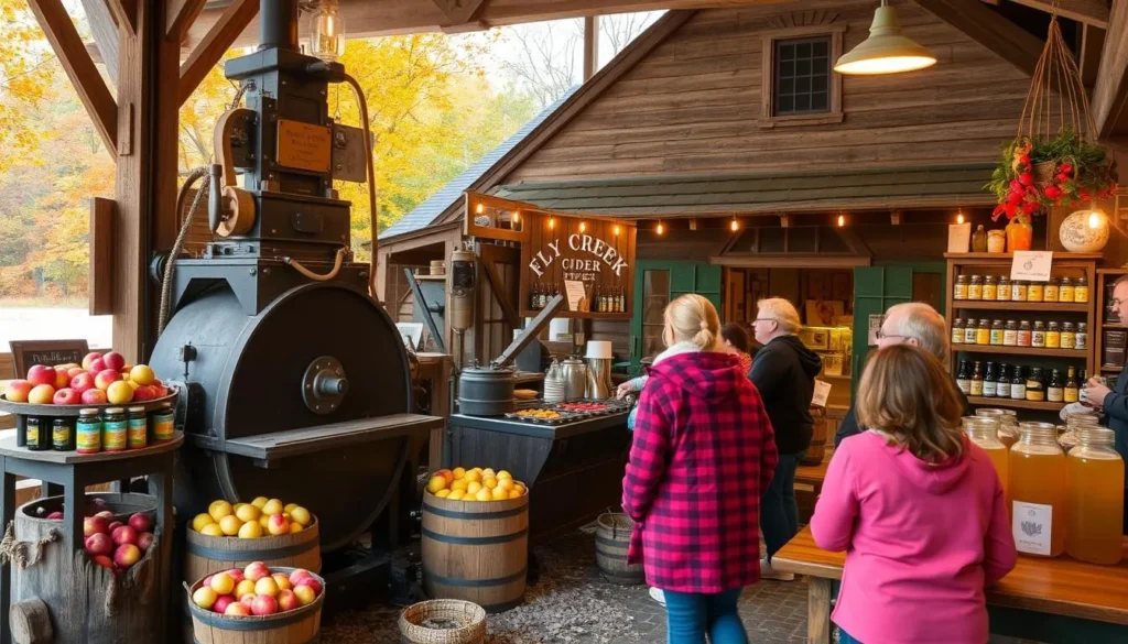 Historic water-powered cider press at Fly Creek Cider Mill with apple products and tasting room Historic water-powered cider press at Fly Creek Cider Mill with apple products and tasting room