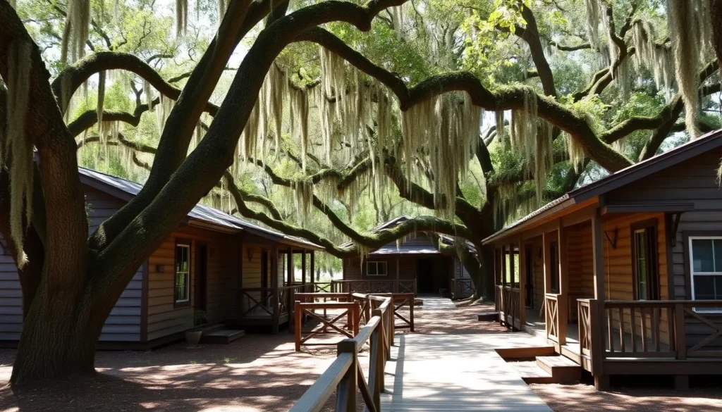 Historic wooden cottages of The Lodge on Little St. Simons Island surrounded by oak trees draped with Spanish moss Historic wooden cottages of The Lodge on Little St. Simons Island surrounded by oak trees draped with Spanish moss