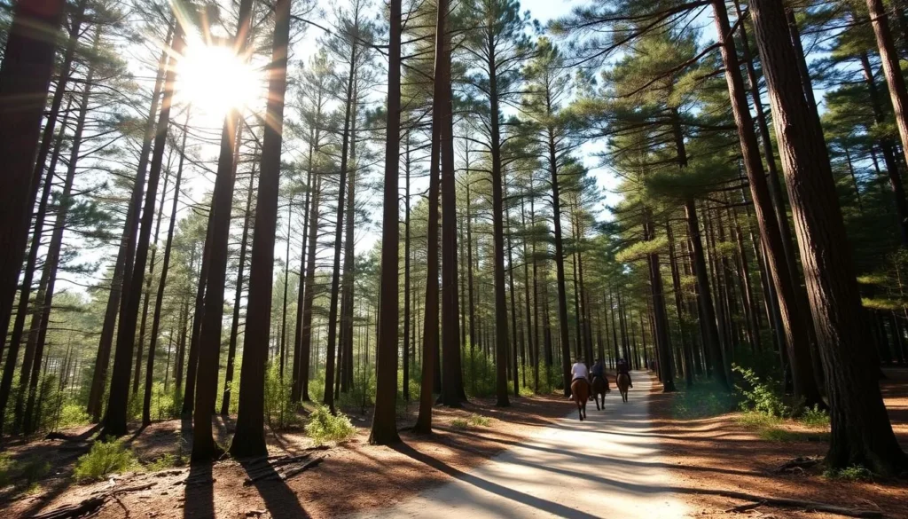 Hitchcock Woods in Aiken, South Carolina with sandy trails winding through tall pine trees Hitchcock Woods in Aiken, South Carolina with sandy trails winding through tall pine trees