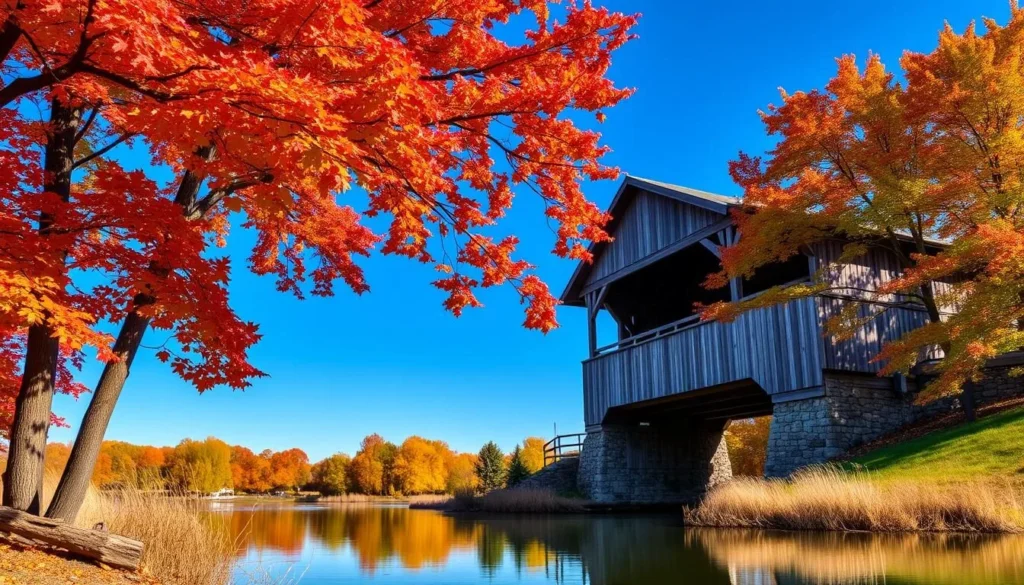 Hogback Covered Bridge in Winterset surrounded by vibrant autumn foliage with red and orange leaves Hogback Covered Bridge in Winterset surrounded by vibrant autumn foliage with red and orange leaves