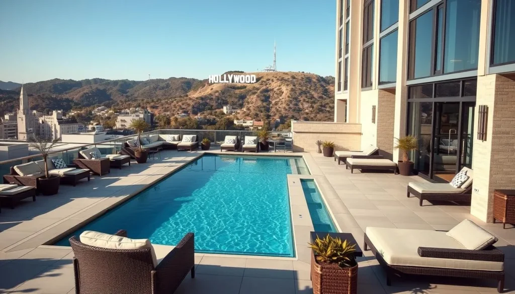 Hollywood hotel with view of the Hollywood sign in Los Angeles County California Hollywood hotel with view of the Hollywood sign in Los Angeles County California