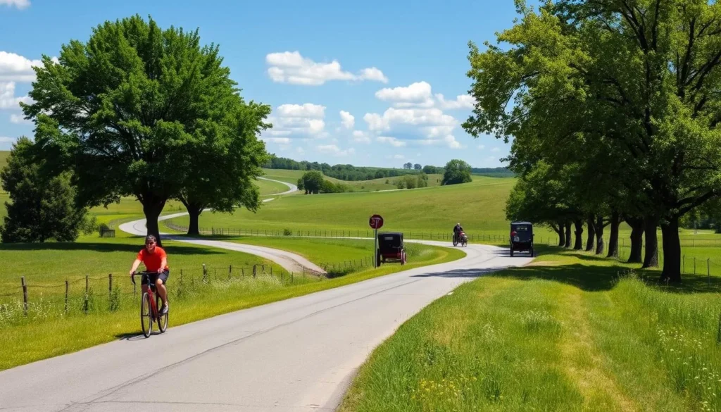 Holmes County Trail with cyclists and Amish buggy sharing the path Holmes County Trail with cyclists and Amish buggy sharing the path