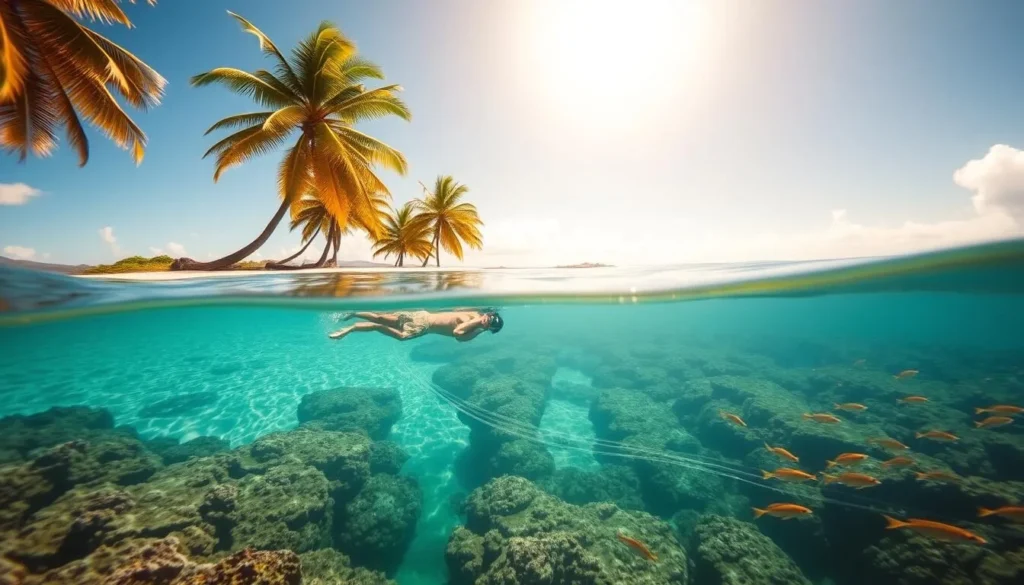 Honolulu Bay, Maui, Hawaii. Crystal clear turquoise waters with soft white sand beaches. Lush green palm trees sway gently in the tropical breeze. Snorkelers explore the vibrant coral reef, surrounded by schools of colorful tropical fish. The sun casts a warm, golden glow, illuminating the underwater paradise. Capture the tranquil, serene atmosphere of this idyllic Hawaiian snorkeling destination. Wide-angle lens, natural lighting, high-resolution.