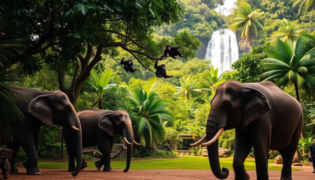 Honolulu Zoo, a lush tropical paradise teeming with diverse wildlife. In the foreground, majestic elephants leisurely roam, their trunks swaying. In the middle ground, a playful troop of chimpanzees swings from branch to branch, their joyful cries echoing through the verdant canopy. In the background, a serene waterfall cascades, its soothing sound complementing the vibrant hues of the lush foliage. Soft, warm lighting bathes the scene, capturing the tranquil atmosphere of this enchanting zoo. Capture the essence of Honolulu Zoo's captivating exhibits and the amazing animals that call it home.