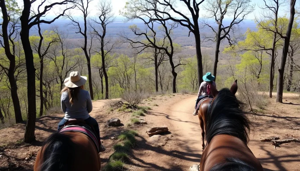 Horseback riding trails in Mark Twain National Forest, Missouri, with oak forests and scenic views