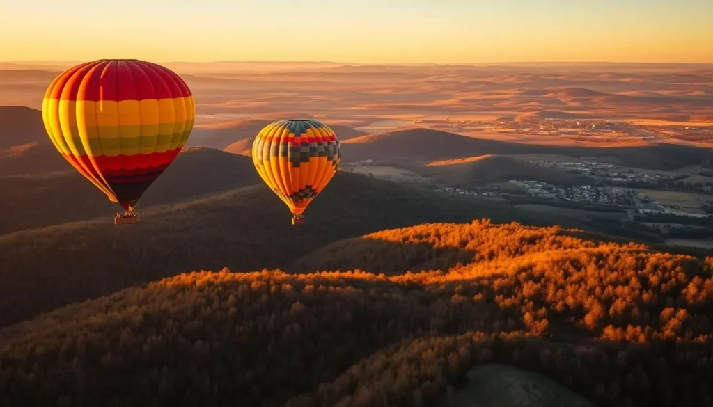 Hot air balloon floating over Galena's countryside at sunset Hot air balloon floating over Galena's countryside at sunset