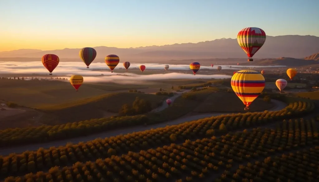 Hot air balloons floating over Napa Valley vineyards at sunrise Hot air balloons floating over Napa Valley vineyards at sunrise