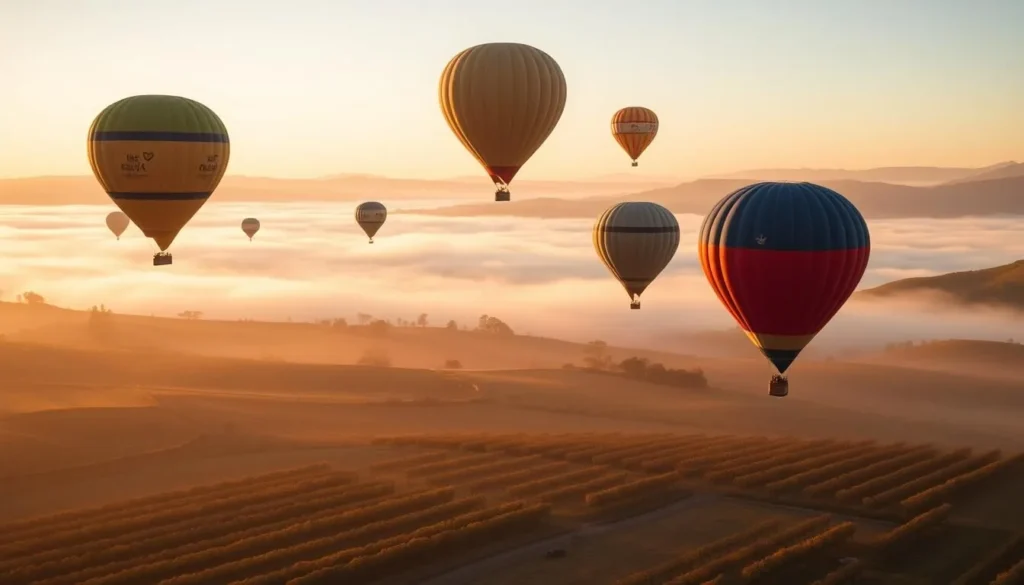 Hot air balloons floating over Sonoma County California vineyards at sunrise with fog in the valleys Hot air balloons floating over Sonoma County California vineyards at sunrise with fog in the valleys