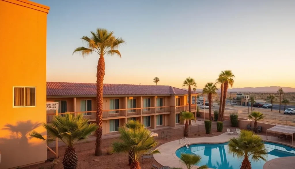 Hotel in El Centro, Imperial County California with palm trees and desert landscape Hotel in El Centro, Imperial County California with palm trees and desert landscape