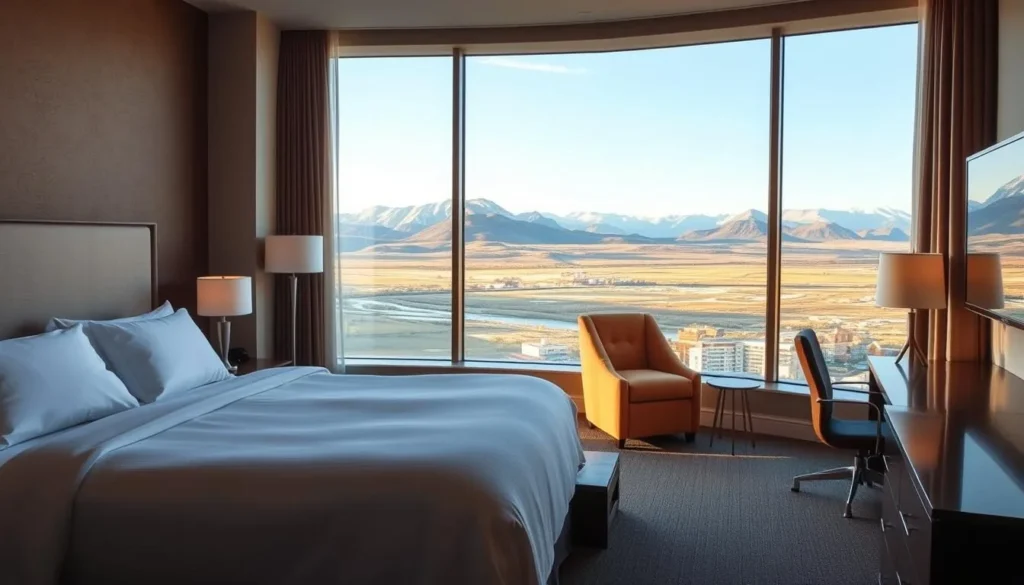 Hotel room in Great Falls Montana with mountain views through window Hotel room in Great Falls Montana with mountain views through window