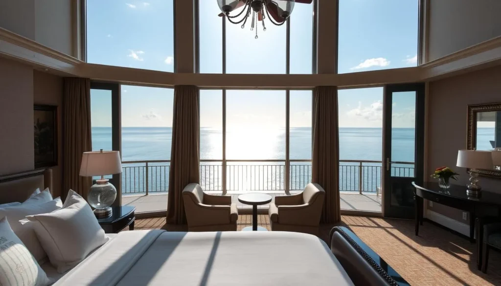 Hotel room with a view of Lake Pontchartrain from a balcony Hotel room with a view of Lake Pontchartrain from a balcony