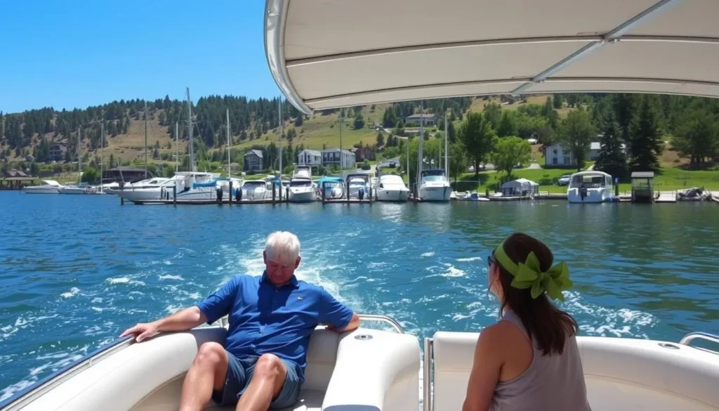 Houseboating on Trinity Lake with a marina in the background
