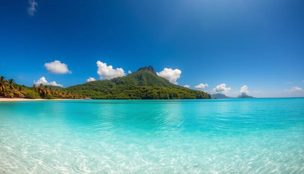 Huahine Island lagoon, French Polynesia: Serene turquoise waters encircling a lush, verdant island. Sunlight dances on the calm surface, casting shimmering reflections. Fringed by swaying palm trees and white sandy beaches, the idyllic scene evokes a sense of tranquility. Capture the essence of this tropical paradise with a wide-angle lens, showcasing the lagoon's natural beauty in all its glory. Convey the warm, inviting atmosphere of this picturesque haven for nature lovers.