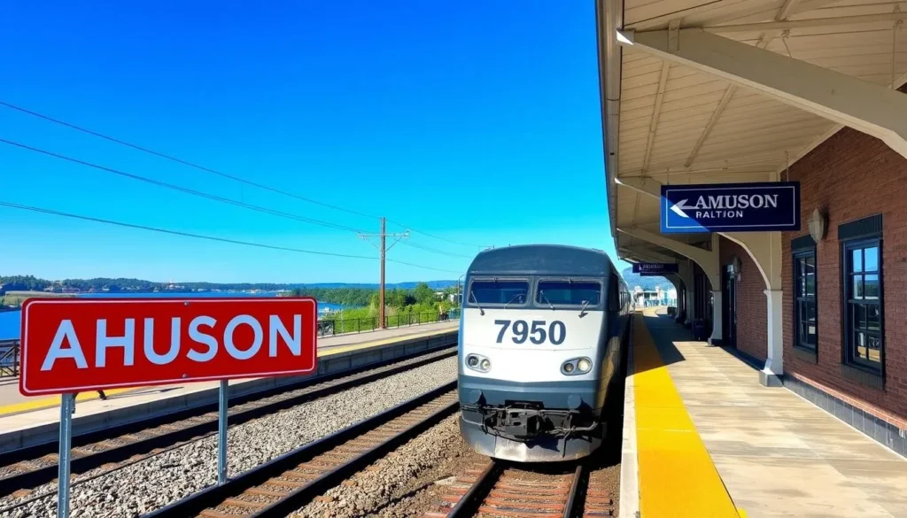 Hudson Amtrak station with a train arriving and the Hudson River visible in the background on a clear day Hudson Amtrak station with a train arriving and the Hudson River visible in the background on a clear day