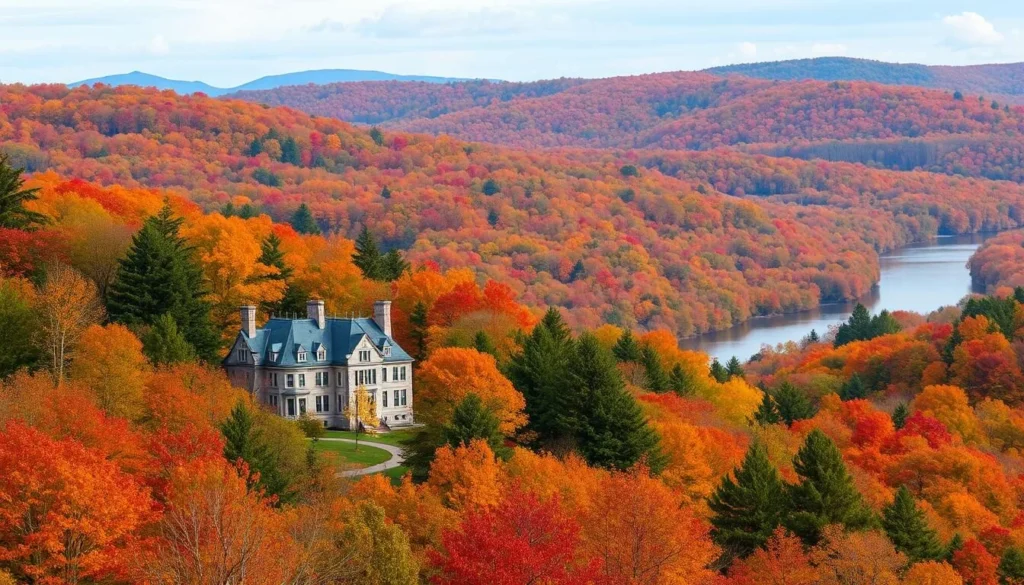 Hudson Valley autumn landscape with colorful foliage and historic mansion - a perfect day trip from New York City Hudson Valley autumn landscape with colorful foliage and historic mansion - a perfect day trip from New York City