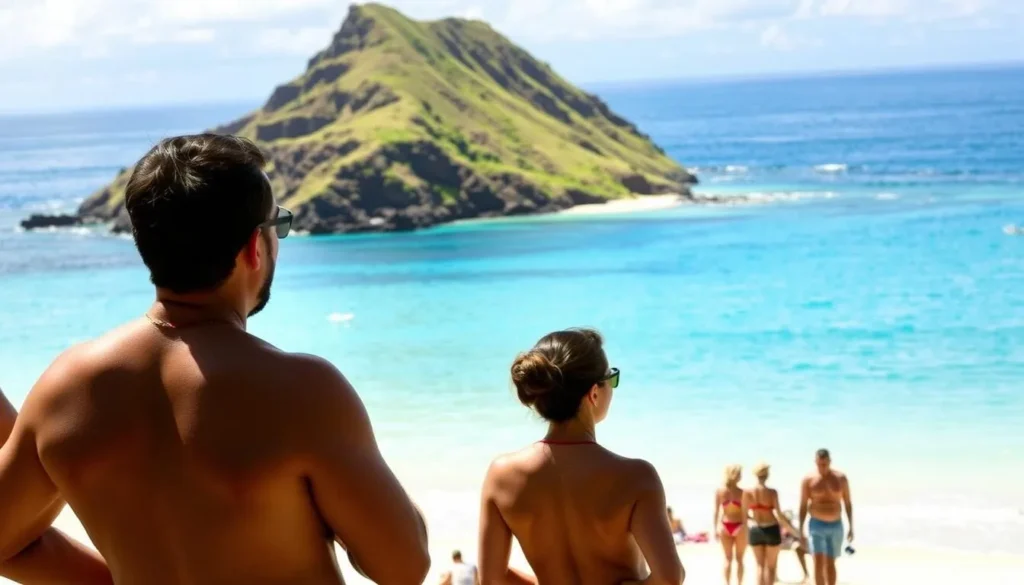 Hulopoe Bay Lifeguards: A serene coastal scene in Lanai, Hawaii. In the foreground, well-trained lifeguards stand vigilant, their tanned skin glistening in the warm Pacific sun. They survey the crystal-clear waters, their watchful gazes ensuring the safety of swimmers and beachgoers. In the middle ground, families and friends relax on the pristine white sand, taking in the breathtaking view of the turquoise bay, framed by lush, verdant cliffs. In the background, the calm ocean stretches out, its gentle waves lapping at the shore, creating a soothing ambiance. The lighting is soft and natural, casting a warm, golden glow over the entire scene, capturing the serene and tranquil atmosphere of Hulopoe Bay.
