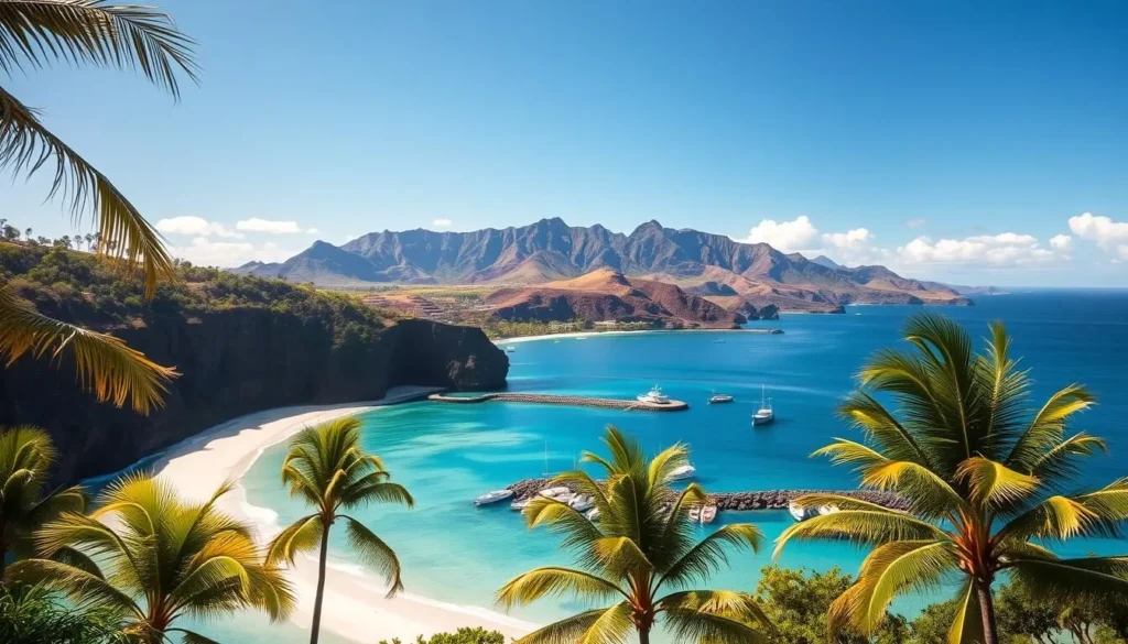 Hulopoe Bay, a stunning crescent-shaped cove on the island of Lanai, Hawaii. Crystal-clear turquoise waters lap against a pristine white sand beach, framed by lush, verdant cliffs. In the foreground, sun-kissed palm trees sway gently in the warm island breeze. The middle ground features a picturesque harbor, with fishing boats and kayaks dotting the calm, reflective surface. In the distance, the dramatic volcanic peaks of Lanai rise majestically, their rugged silhouettes etched against a brilliant azure sky. Capture the tranquil, tropical atmosphere of this idyllic Hawaiian paradise, illuminated by natural, warm lighting that casts a golden glow over the entire scene.