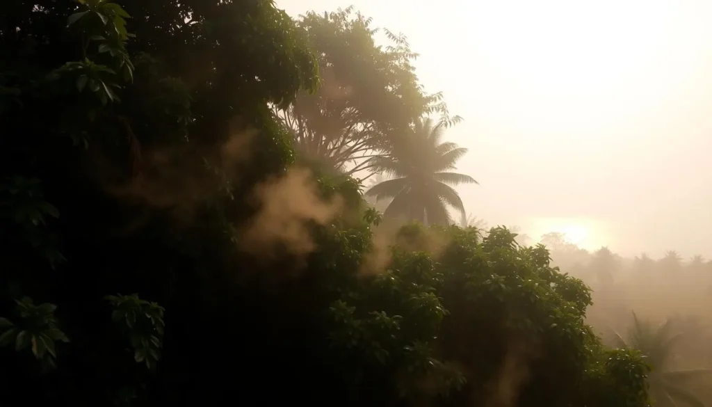 Humidity surrounds a lush, verdant landscape. The air is thick and heavy, wrapping the scene in a warm, muggy embrace. Wisps of mist cling to the trees, giving the foliage a softened, ethereal quality. The sun's rays filter through the haze, casting a golden glow over the scene. In the distance, a body of water reflects the hazy sky, creating a seamless blend of land and sky. The overall atmosphere conveys a sense of tropical ambiance, where the humidity is palpable and the climate invites exploration.