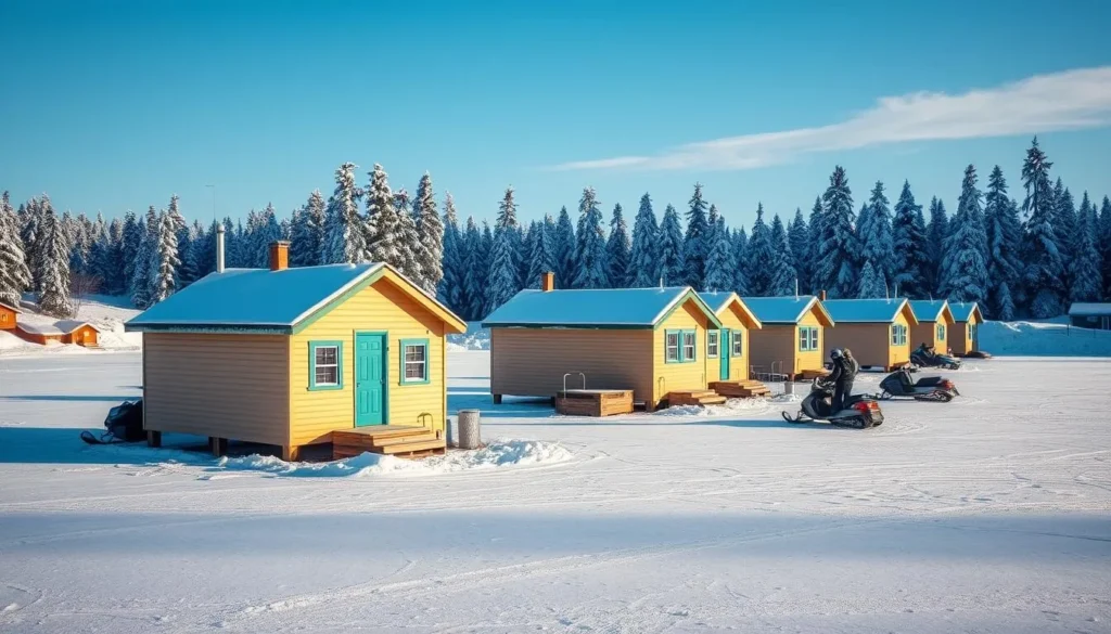 Ice fishing houses on frozen Cross Lake in winter Ice fishing houses on frozen Cross Lake in winter
