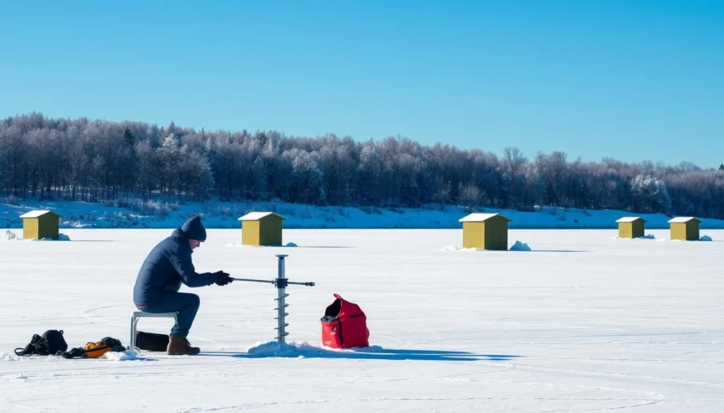 Ice fishing on frozen Island Lake in winter Ice fishing on frozen Island Lake in winter