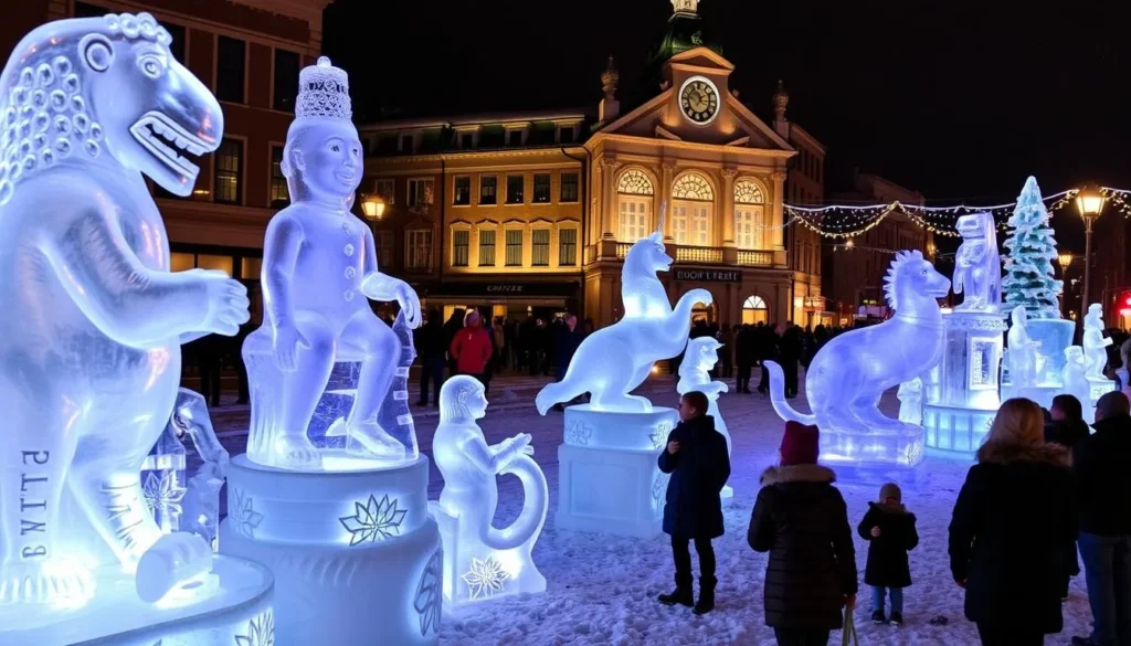Ice sculptures at Lowell Winterfest with visitors admiring the artwork Ice sculptures at Lowell Winterfest with visitors admiring the artwork