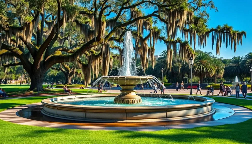 Iconic Forsyth Park fountain in Savannah Georgia with Spanish moss trees